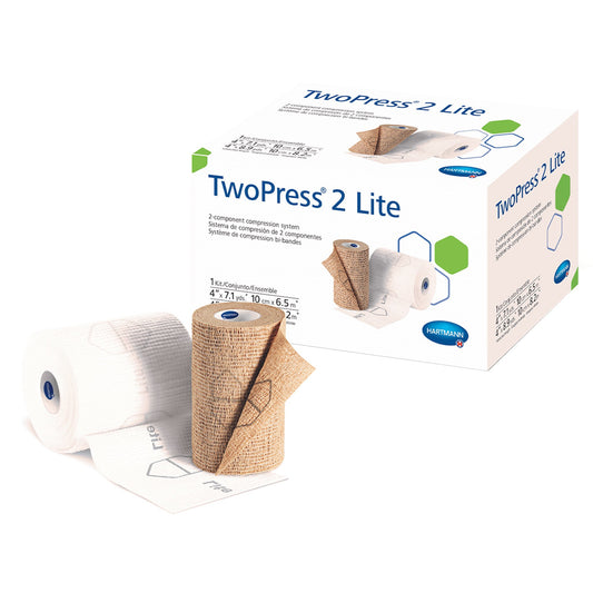 2 Layer Compression Bandage System with Visible Indicators TwoPress® 2 Lite 4 Inch X 7.1 Yard / 4 Inch X 8.9 Yard Self-Adherent Closure Tan / White NonSterile Standard Compression