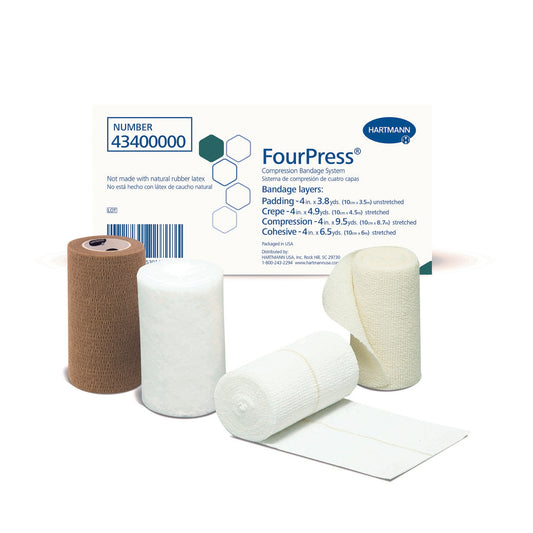 4 Layer Compression Bandage System FourPress® Multiple Sizes Self-adherent / Tape Closure Tan / White NonSterile 30 to 40 mmHg